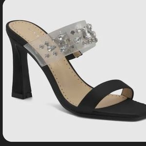 NEW | Adrienne Vittadini Women's Embellished‎ Clear Strap Black Slide Heels 8.5